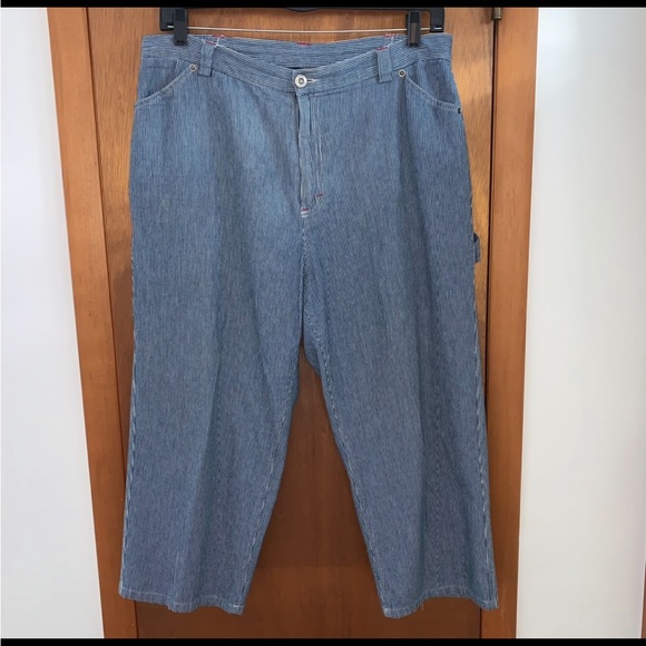 Women’s L Vintage SAG HARBOR SPORT Railroad Blue Striped Cropped Carpenter Pants - Picture 1 of 14